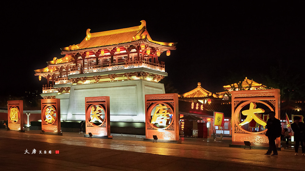 这是大唐芙蓉园正门外的夜景.