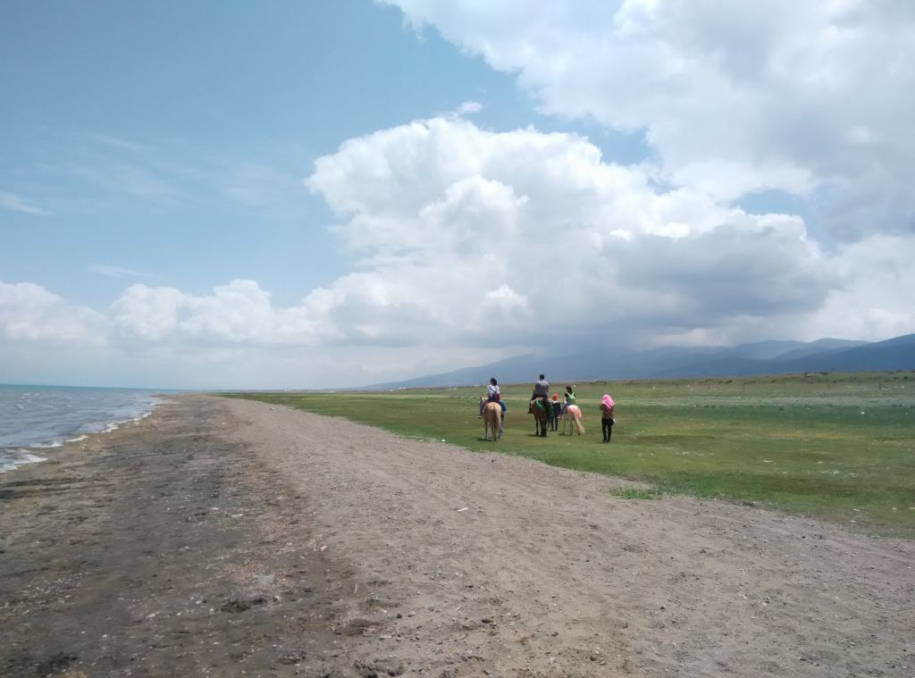 青海湖畔騎馬的遊客